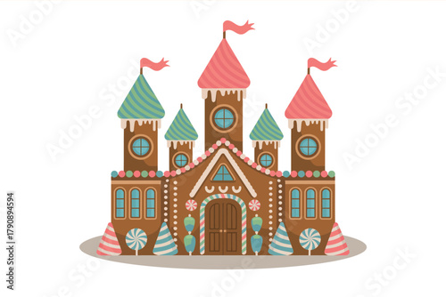 A charming gingerbread castle decorated with colorful candies and frosting, perfect for holiday celebrations.