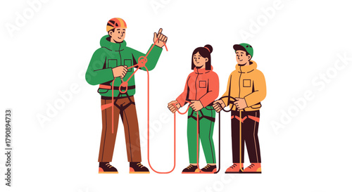 Climbing Instructor Demonstrating Security Procedures to Two Students Preparing to Climb