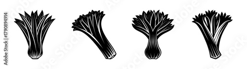 Black and white celery stalks vector illustration for healthy eating and cooking recipes design elements