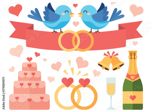 Two bluebirds on a ribbon with wedding rings and a cake signify love and marriage.