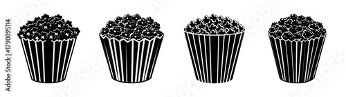 Illustration of popcorn buckets in black and white for movie night snack and cinema food lovers