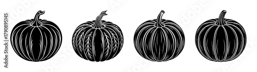Black and white graphic illustration of four pumpkins for fall harvest and halloween decor