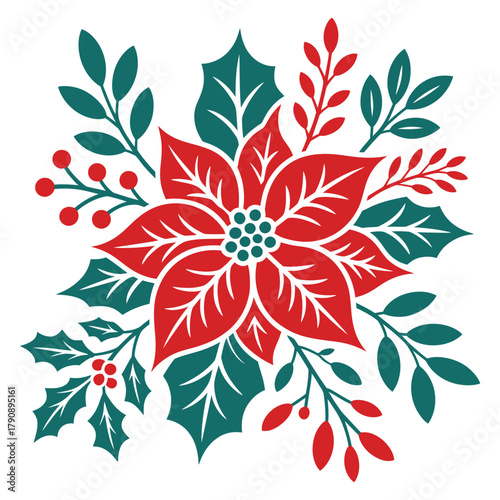 Festive Floral Ornament: A vibrant artistic illustration of poinsettia with green leaves and berries, radiates holiday cheer, perfect for seasonal designs.