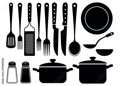 A collection of black kitchen utensils and cookware silhouetted against a white background.