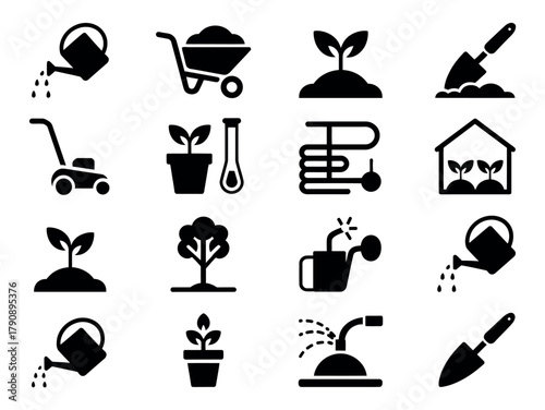 A collection of gardening icons depicting tools and plants for cultivation.