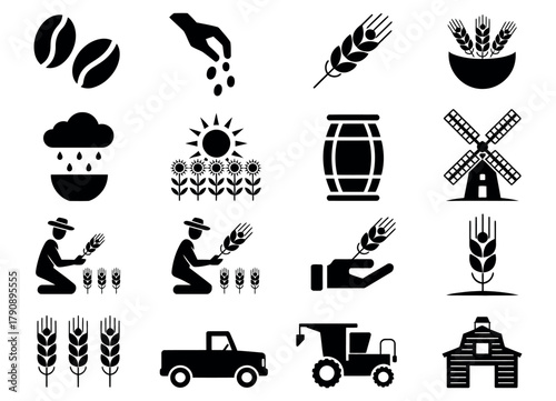 A collection of agricultural icons represents farming, food production, and rural life.