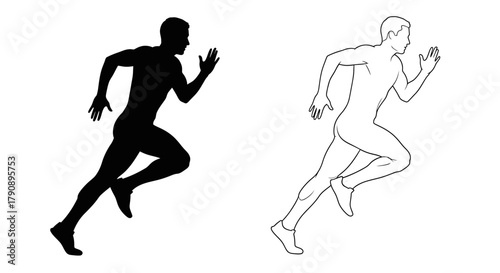 Two depictions of a running man silhouette and outline drawing style