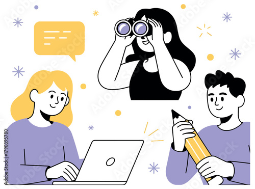 People collaborating on a project with one person observing from afar.