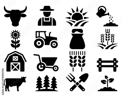 A collection of farm-related icons representing agriculture and rural life.