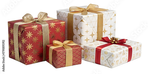 A collection of elegant Christmas gift boxes wrapped in red, white, and gold paper with shiny ribbons and bows, isolated on a transparent background. Festive holiday presents symbolizing joy, giving, 