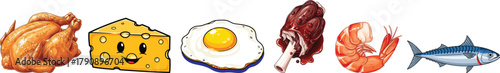 High-Protein Food Vector Clipart Bundle: Roasted Chicken, Cheese, Fried Egg, Shrimp, and Fish Illustrations