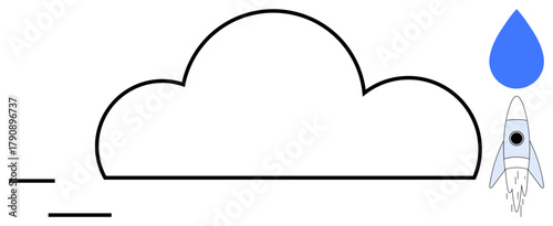 Large cloud outline, ascending rocket, blue water drop. Ideal for technology, innovation, environment, creativity, startup growth, digital transformation simple flat metaphor