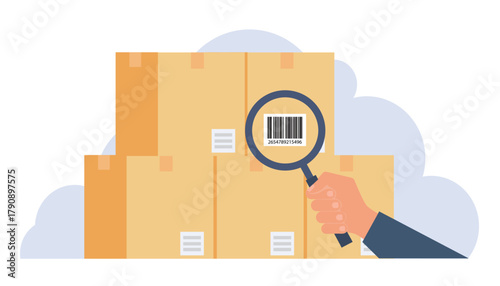 Barcode tracking and inventory identification. Hand Holding Magnifying Glass to Scan Product Label.