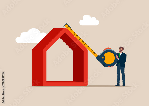 Businessman measures and evaluates a house. Designing a building. Property valuation. Apartment purchase sale. Investment, construction,  mortgage. Vector flat illustration