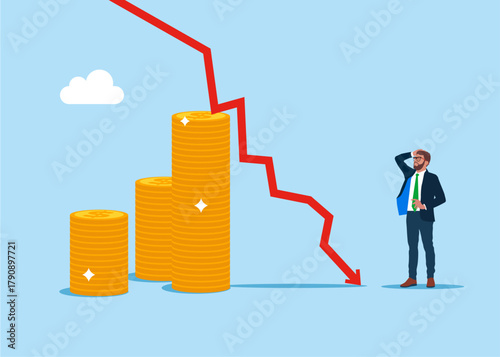 Crisis and bankrupt. Falling salaries of employees. Falling red arrow breaking. Layoffs and staff downsizing. Flat vector illustration