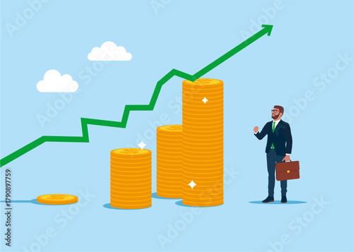 Success. Salaries are growing at a rapid pace of employees. Green arrow up. Staff employees grows. Flat vector illustration