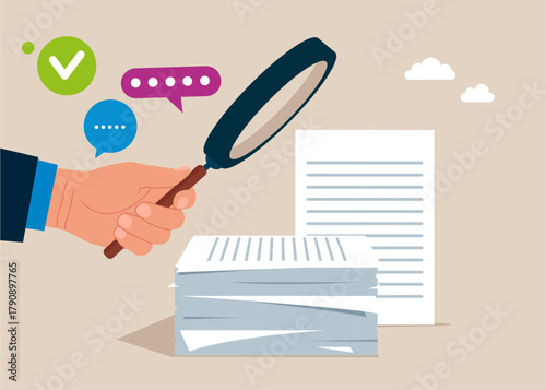 Hand holds a magnifying glass next to a stack of documents, studying working documentation and teamwork. Vector flat illustration