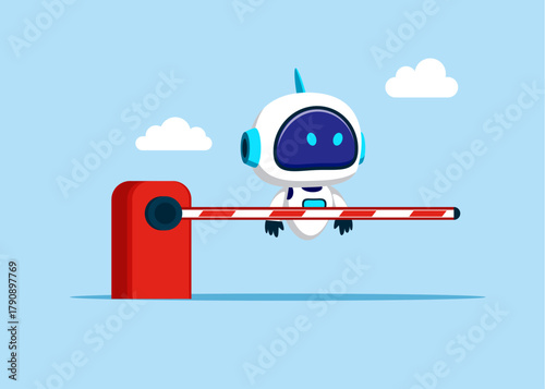 Robot behind a barrier gate. Stop and rejection. Technology border closure or protective tariffs. Flat vector illustration
