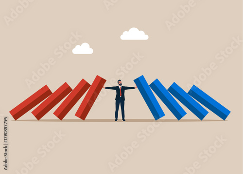 Businessman stop two domino chains from colliding. Find points of compromise in business. Flat vector illustration