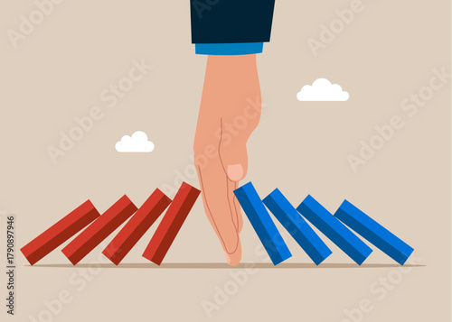 Hand stop two domino chains from colliding. Find points of compromise in business. Flat vector illustration