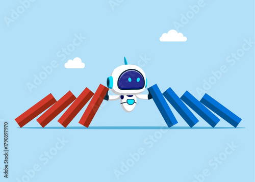 Businessman stop two domino chains from colliding. Find points of compromise in technology. Flat vector illustration