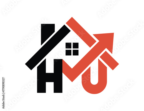 A stylized graphic logo featuring the letters H and U combined with a house silhouette and an upward trending arrow, representing home ownership or real estate growth.