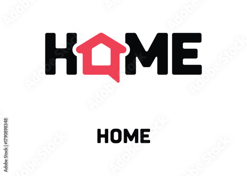 The word 'HOME' is displayed in bold black lettering with a stylized red house graphic integrated into the letter 'O', symbolizing shelter and belonging.