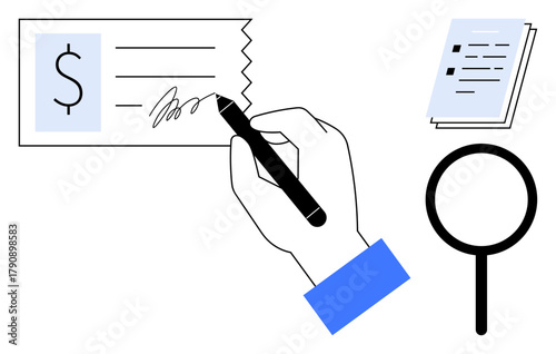 Hand signs a check with a pen, accompanied by a stack of financial documents and a magnifying glass. Ideal for finance, auditing, analysis, contracts, business, investments loans. A simple flat