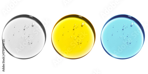 Texture swatch of blue, yellow hyaluronic acid serum gel on transparent isolated background, macro. Detergent, cosmetics, laboratory. A round drop in a petri dish