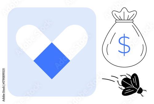 Heart-shaped capsule symbolizes health, money bag with dollar sign denotes finances, and flying insect suggests money loss or waste. Ideal for healthcare, expenses, budgeting, pharmaceutical