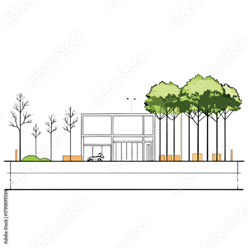 Minimal modern house elevation with flat roof, pastel pink walls, large glass doors, rooftop terrace, surrounding trees, human figures, and clean architectural line drawing style
