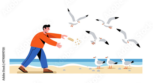 Coastal Scene Shows Person Feeding Gulls Near Water, Digital Illustration