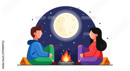 Couple Enjoying a Fireside Moment Under the Moonlight with a Starry Sky