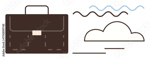 Brown briefcase paired with minimalist cloud and wavy lines represents work, travel, ideas. Ideal for business, career, organization, creativity, mobility minimalism innovation. Simple flat