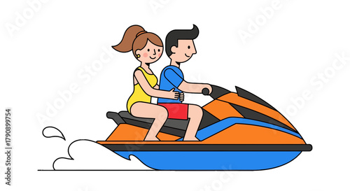 Couple Enjoying a Sunny Jet Ski Ride on the Water, Graphic Illustration