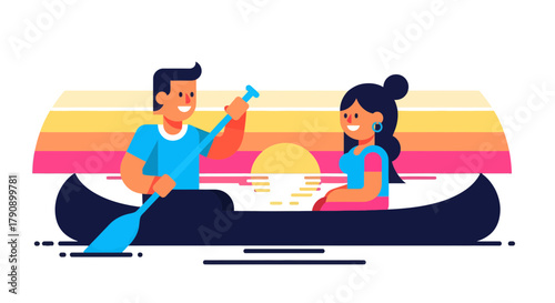 Couple Enjoying a Sunset Canoe Ride for Romantic Leisure and Outdoor Excursion