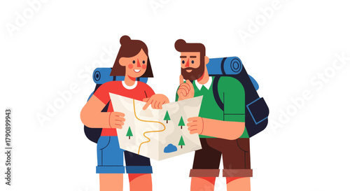 Couple Exploring Hiking Map Cartoon, Discovering The Route for Adventure and Summer Vacation