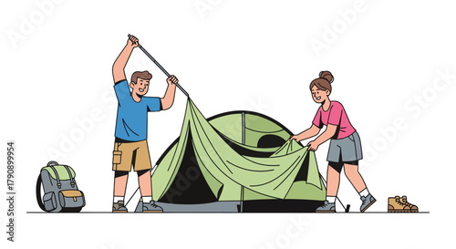 Couple Erecting A Tent For Adventure And Outdoor Activities Amidst The Wilderness