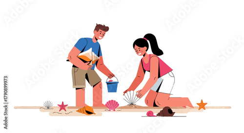 Couple Exploring Beach and Finding Shells, Sun, Fun, And Summer Together