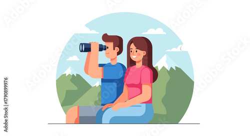 Couple Exploring Nature Enjoying Scenery with Binoculars Beautiful Landscape View