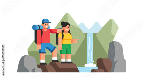 Couple Exploring Mountain Landscape Near a Running Waterfall During a Sunny Hike Adventure