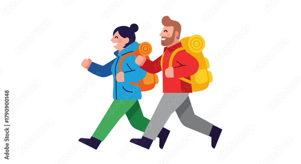 Fototapeta premium Couple Hiking Together Depicted In Animated Illustration On Black Background