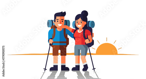 Couple Hiking Together Ready For Adventure, Sunrise And Happy Faces In The Morning