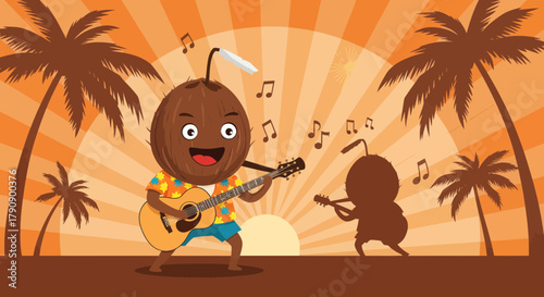 Coconut Musician Playing Guitar at Sunset with Musical Notes and Palm Trees