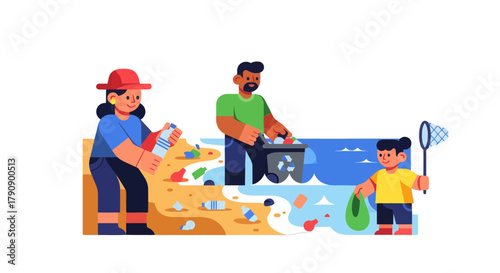 Collective Beach Clean Up: A Vector Illustration of Environmental Protection Concept