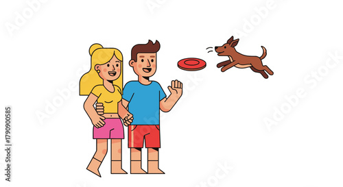 Couple Playing With Their Pet Dog, Having Fun Outdoor With a Flying Disc