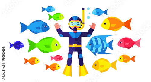 Colorful Diver Surrounded by Playful Cartoon Marine Life with Various Aquatic Creatures