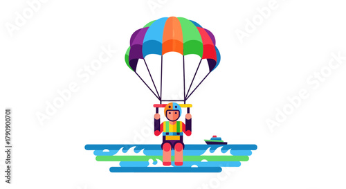 Colorful Skydiver Emerging From A Vibrant Parachute Above A Serene Turquoise Ocean