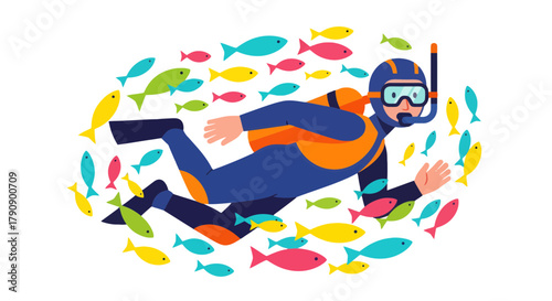 Colorful Scuba Diver Floating Amongst Playful Fish in the Deep Dark Ocean Waters