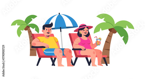 Couple Relaxing Under Palm Trees Enjoying Tropical Drinks During Summer Vacation